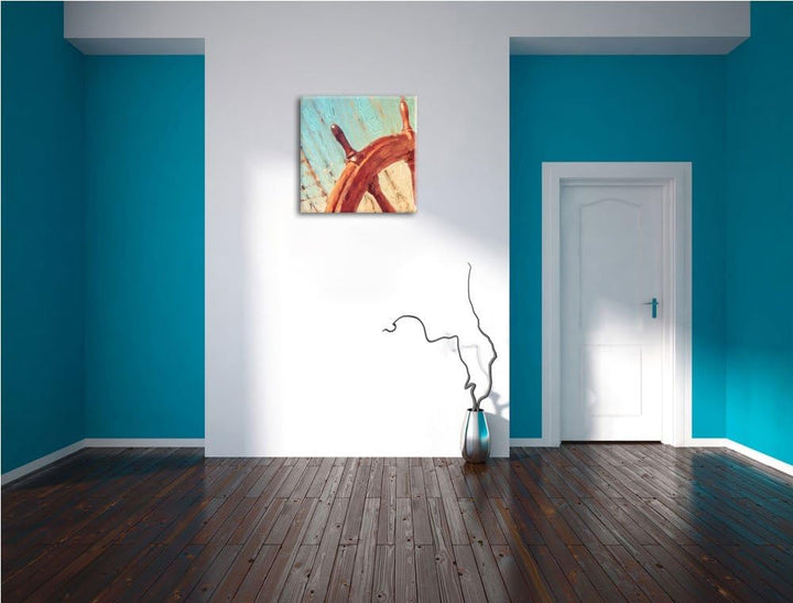 Pixxprint Steuerrad auf einem Schiff 70x70cm Leinwandbild Wandbild Kunstdruck, 70x70