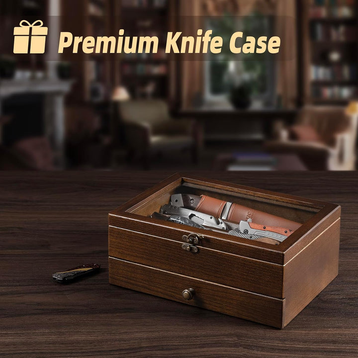 2 Etagen Messerhalter, Holz Messerständer, Messer Vitrine mit Schublade und Hochauflösendem Glas, Sa