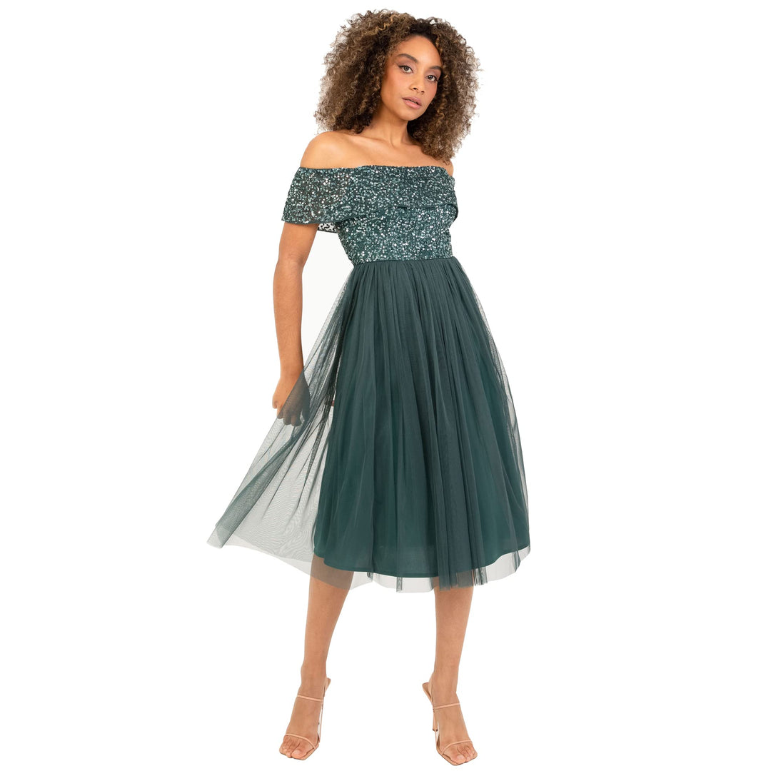 Maya Deluxe Damen Ladies Bardot Dresses Women Midi High Empire Waist Sequins Embellished Formal Even