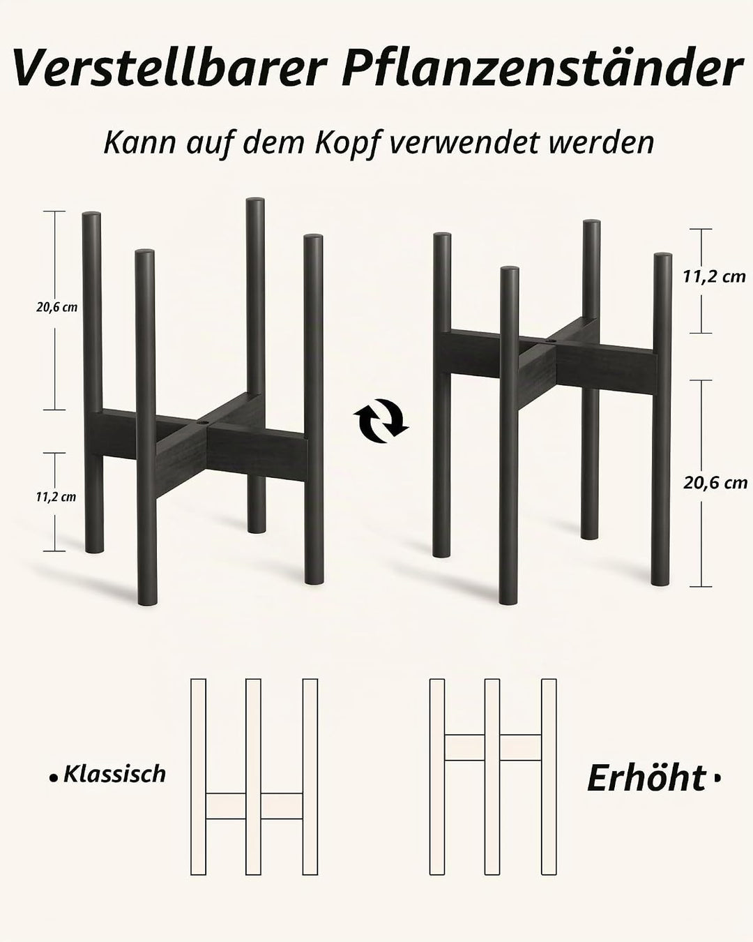 Bamworld Bambus Blumenhalter, Verstellbarer Topfständer Schwarz, Wetterfester Blumenhocker für Haus