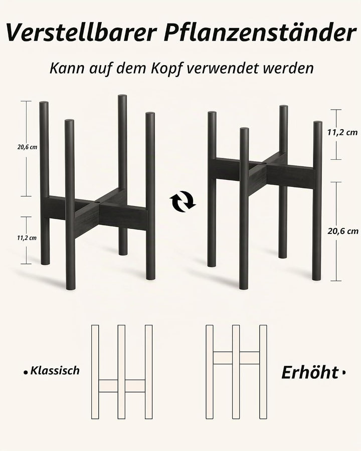 Bamworld Bambus Blumenhalter, Verstellbarer Topfständer Schwarz, Wetterfester Blumenhocker für Haus