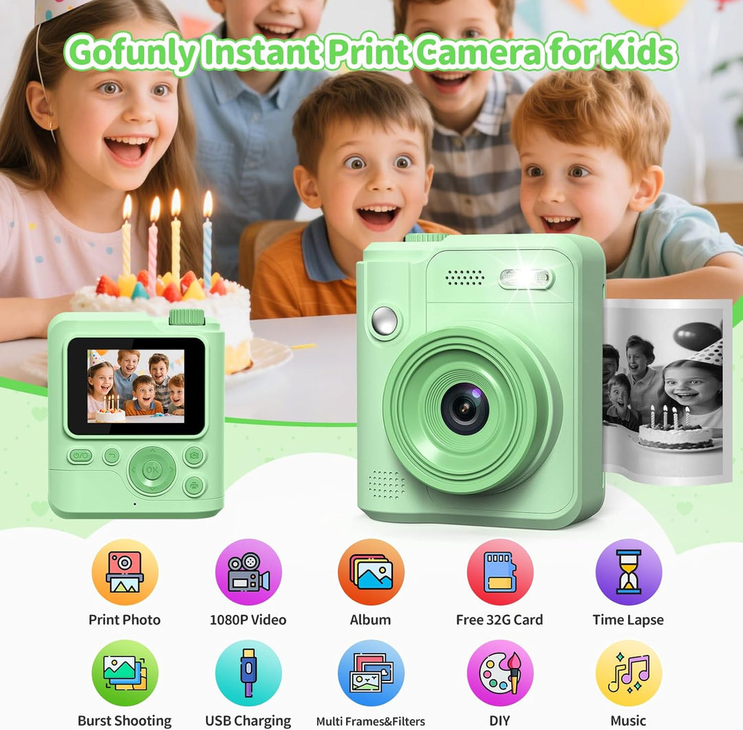Gofunly Sofortbildkamera Kinder, 1080P HD Kinderkamera Sofortbildkamera mit 32GB Karte & DruckerPapi