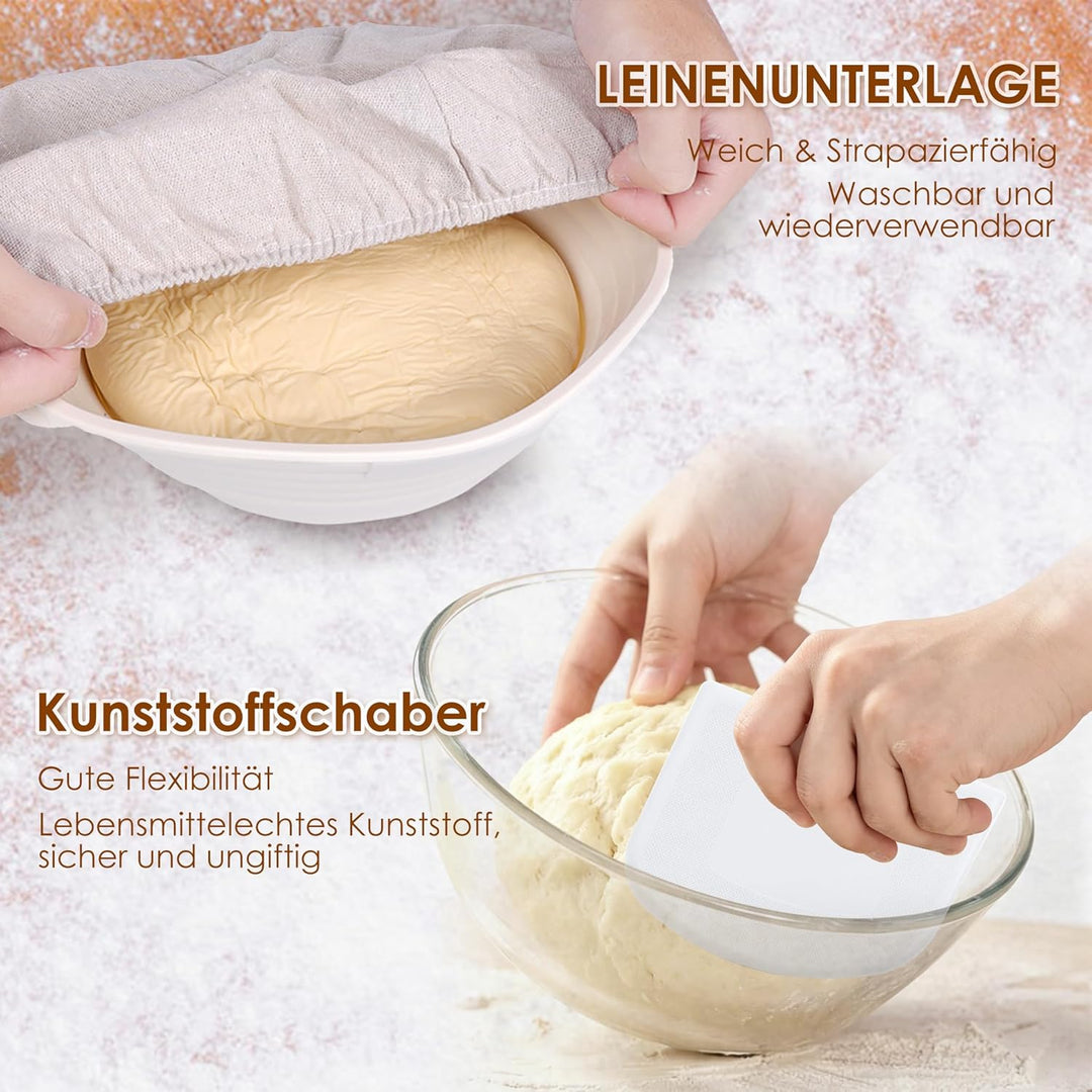 Gärkörbchen Rund, 23cm Gärkorb Set Silikon Proofing Basket Brotkörbchen Brotform mit Leinen, Schaber