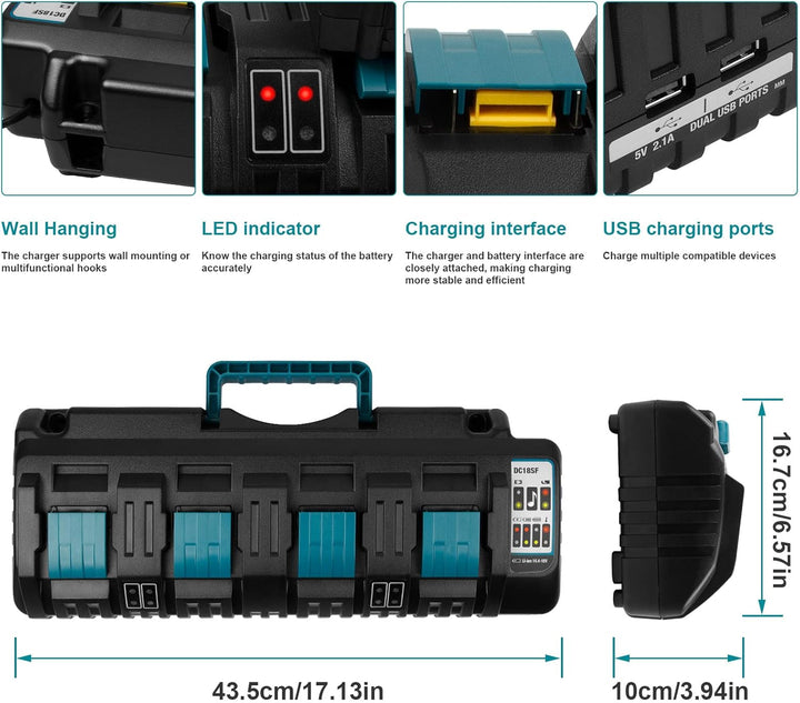 DC18SF 14,4V-18V Ladegerät für Makita Akku ASUNCELL 3A 4 Port Ersatz Ladegerät für Makita LXT DC18RD