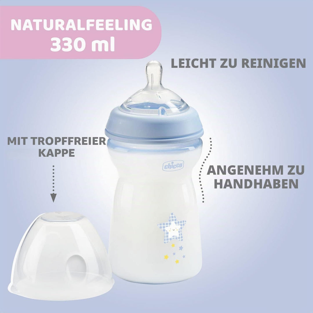 Chicco Natural Feeling Anti-Kolik Babyflasche 6+ Monate, 2 Stück, 330 ml, Babyfläschchen mit Weichem