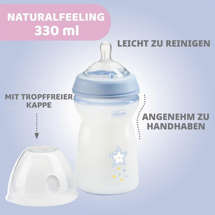 Chicco Natural Feeling Anti-Kolik Babyflasche 6+ Monate, 2 Stück, 330 ml, Babyfläschchen mit Weichem