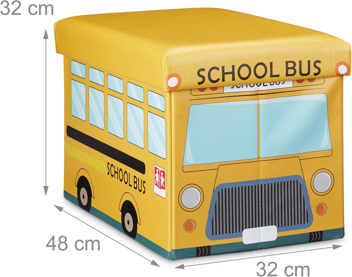 Relaxdays Faltbare Spielzeugkiste Schulbus HBT 32 x 48 x 32 cm stabiler Kinder Sitzhocker als Spielz