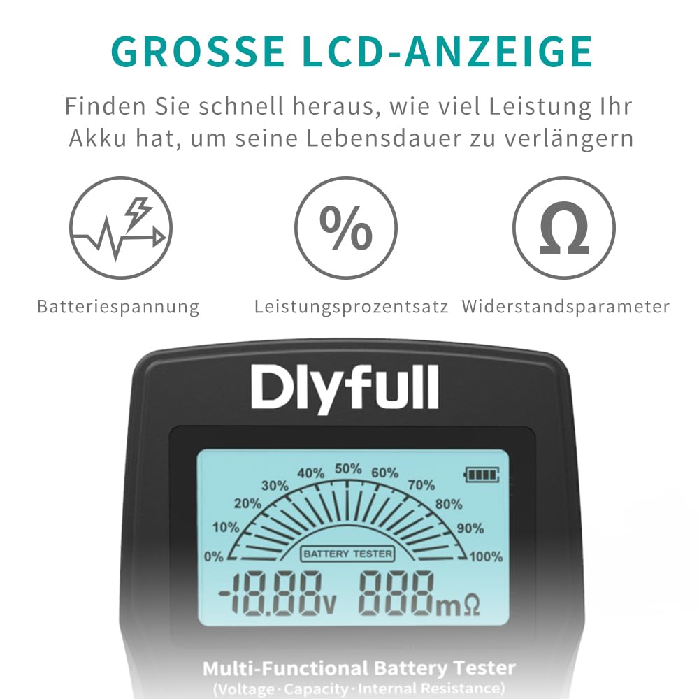 Dlyfull Batterietester Universal LCD Batterieprüfer, Profi Digital Batterie Messgerät für Akku, Batt