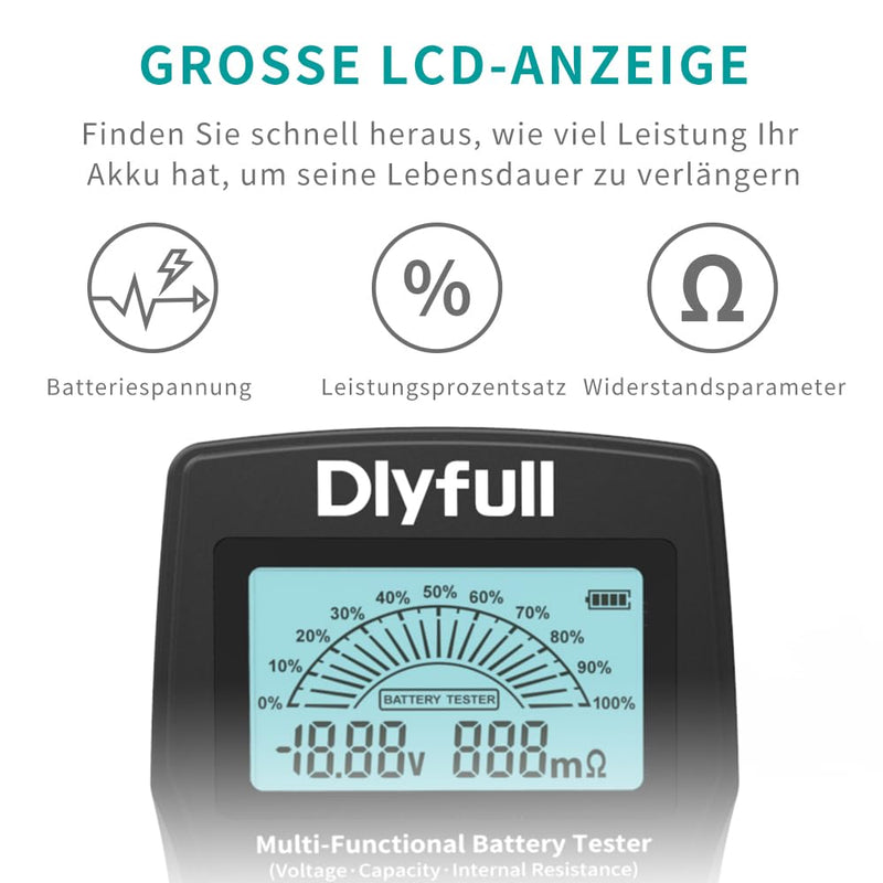 Dlyfull Batterietester Universal LCD Batterieprüfer, Profi Digital Batterie Messgerät für Akku, Batt