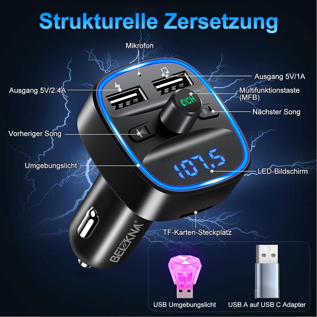 Bluetooth 5.3 FM Transmitter, KFZ Bluetooth Adapter Auto Radio, 2 USB Autoladegerät LED Display Auto