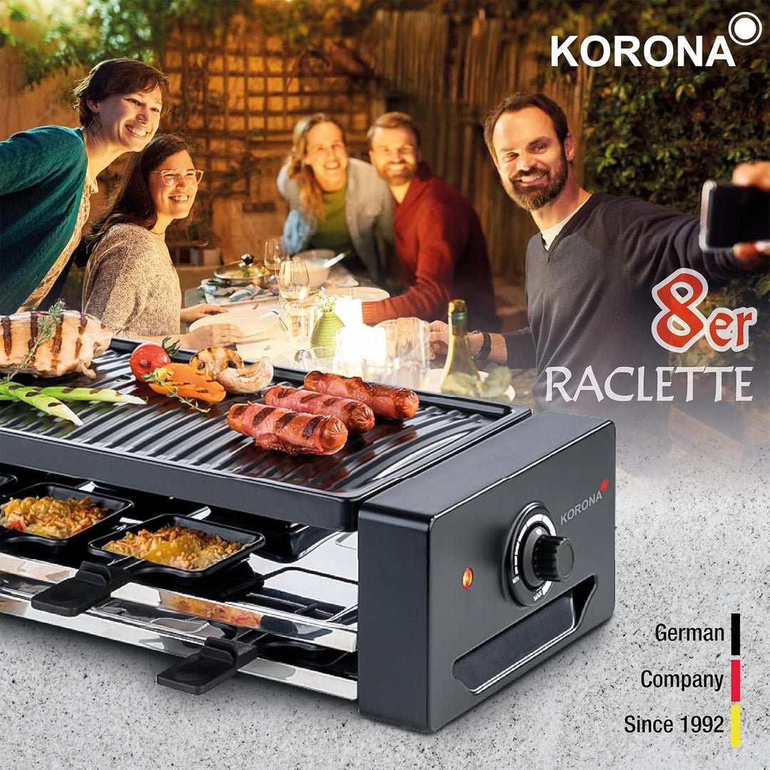 Korona 45070 Raclette für 8 Personen | 8 Pfannen & Spatel | Extra Pfannenablage | Mit antihaftbeschi
