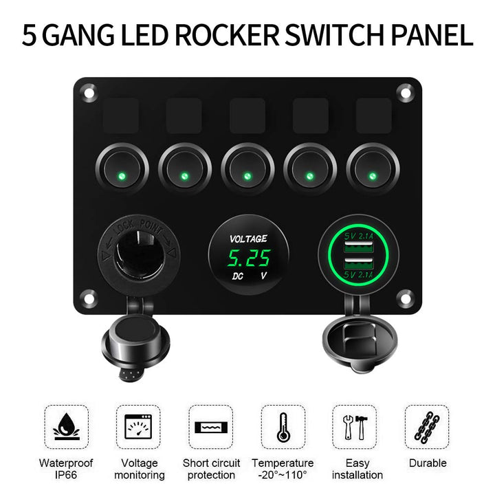 KAOLALI Schaltpanel 12V/24V Kippschalter 5 Gang IP65 Wasserdicht + 4.2A Dual USB Ladegerät + Zigaret