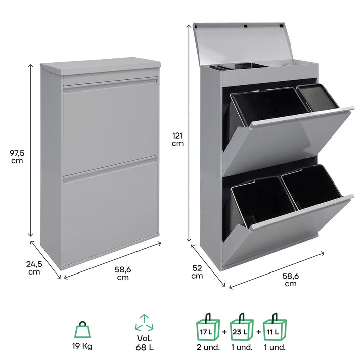 ARREGUI Top CR622-B2 Mülltrennsystem aus Stahl mit Aufbewahrungsbox mit Deckel | 4 Fächer Mülleimer