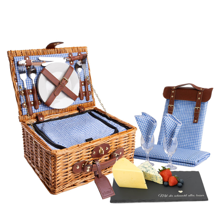 Picknickkorb für 2 Personen, Weidenkorb mit isoliertem Kühlfach, Picknickdecke, Schieferbrett, Tasch