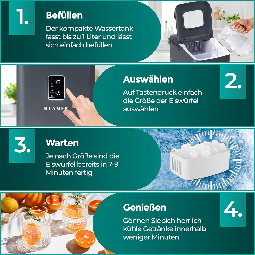 KLAMER Eiswürfelmaschine klein (2025), 8 Eiswürfel in 8 Minuten, 11 kg Eiswürfel pro Tag, 2 Eiswürfe