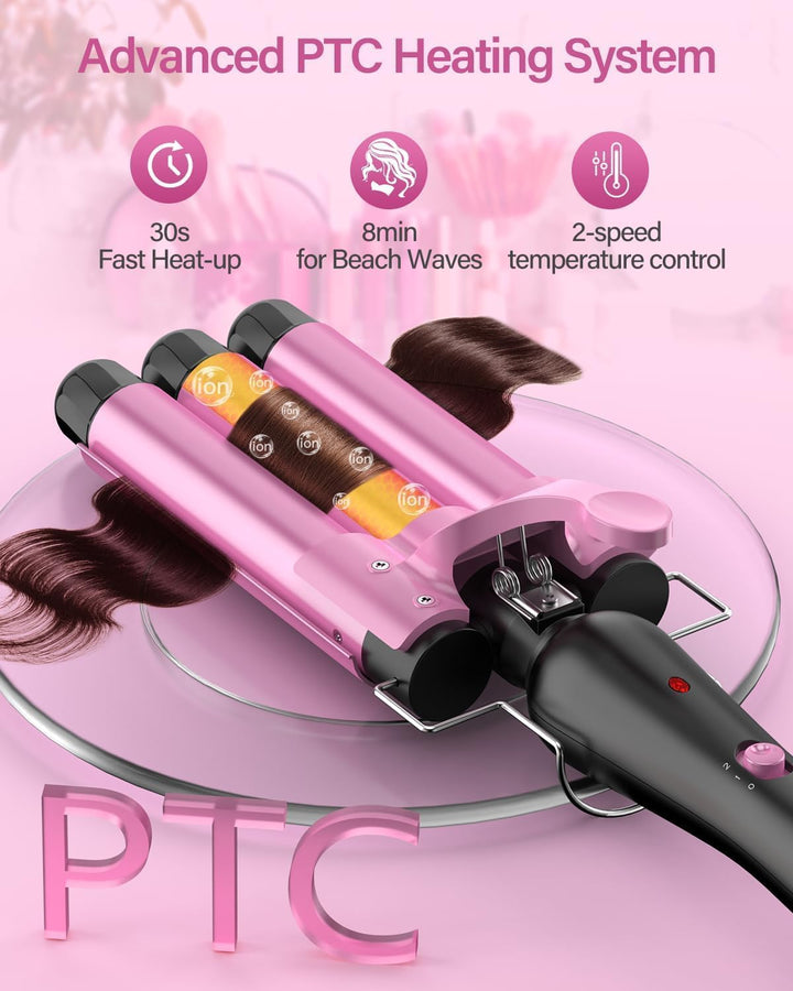 25 mm Welleneisen Haare, 3 Fässer Beach Wave Lockenstab, Keramik Lockeneisen mit 2 Temperaturen 150-