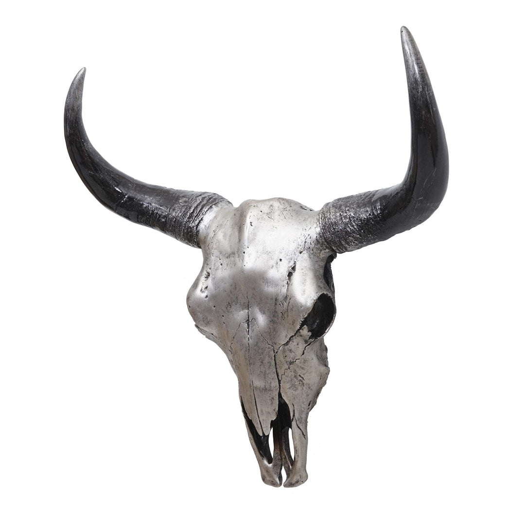 Mendler Deko Schädel 45cm HWC-T454, Polyresin Stier Bulle Longhorn Kopf Trophäe, In-/Outdoor - silbe