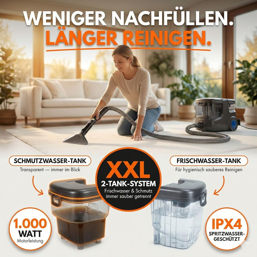 Sommertal HYDRO 9000 MAX Waschsauger | 1.000W, 28 kPa | Teppichreiniger & Polsterreiniger mit Dampfs