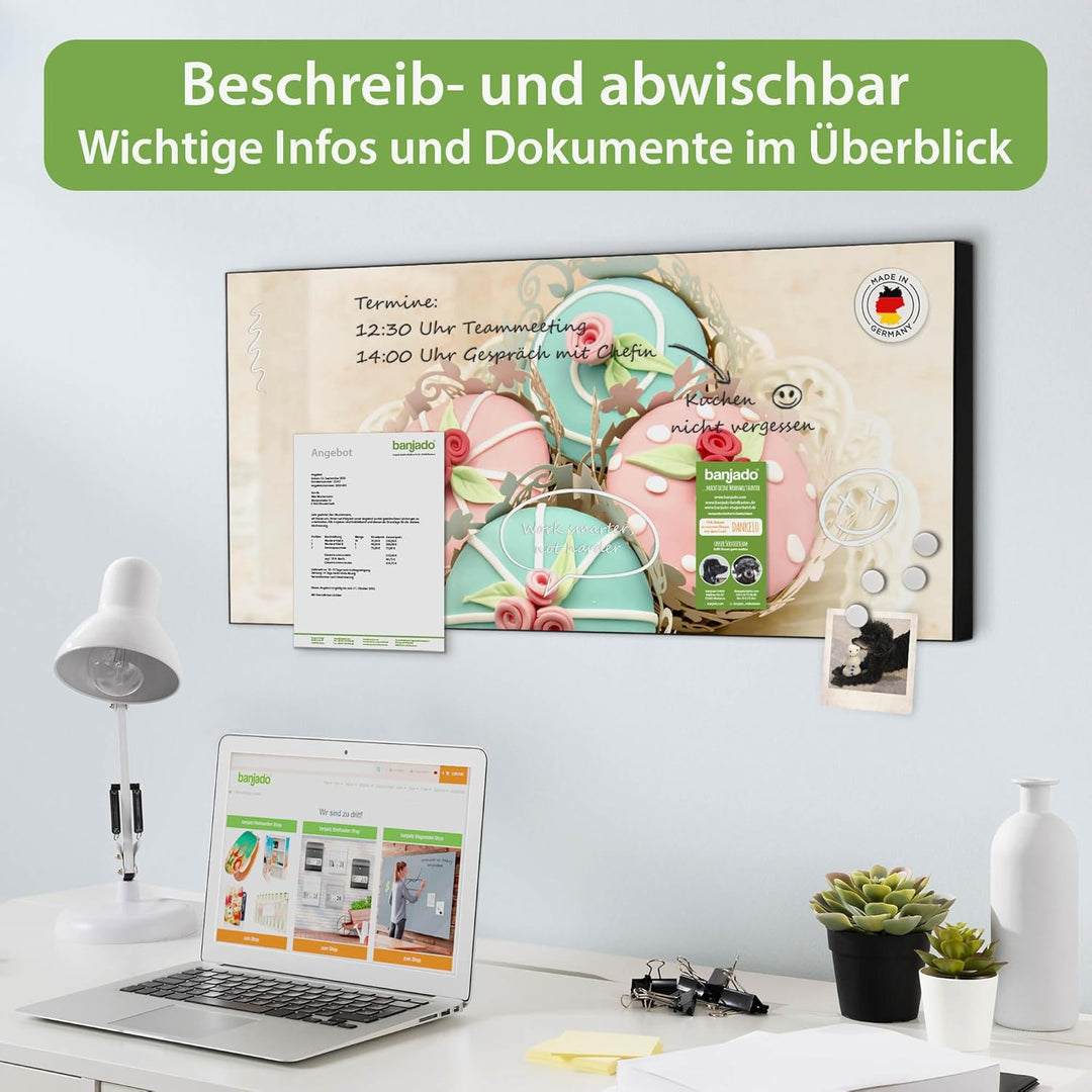 banjado Magnettafel schwarz 78 x 37cm / Magnetwand Metall/Magnetpinnwand als Memoboard/Pinnwand Magn