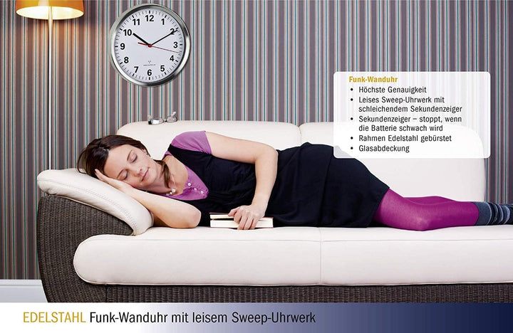 TFA Dostmann Funkwanduhr, mit geräuscharmen Sweep Uhrwerk, Glas, leise, analoge Wanduhr, edelstahl/w