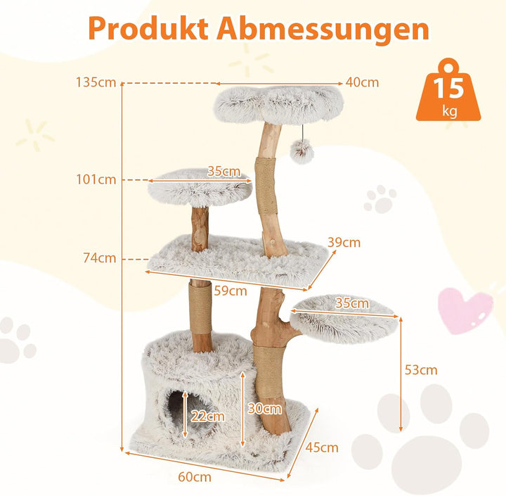 COSTWAY 135cm Kratzbaum Holz, Katzenbaum mit Katzenhöhle, Plüschsitzfläche, Sitzplattform &amp; Ball, Ka