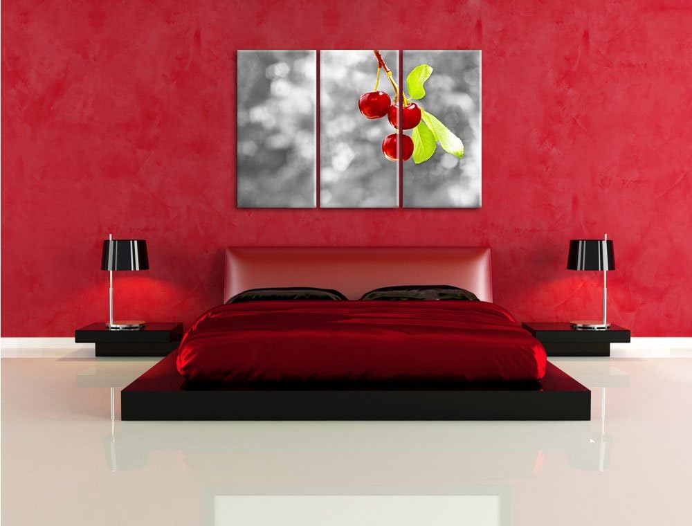 Pixxprint glänzende Kirschen am Zweig als Leinwandbild/Grösse: 3 Teilig (120x80) cm/Wandbild/Kunstdr