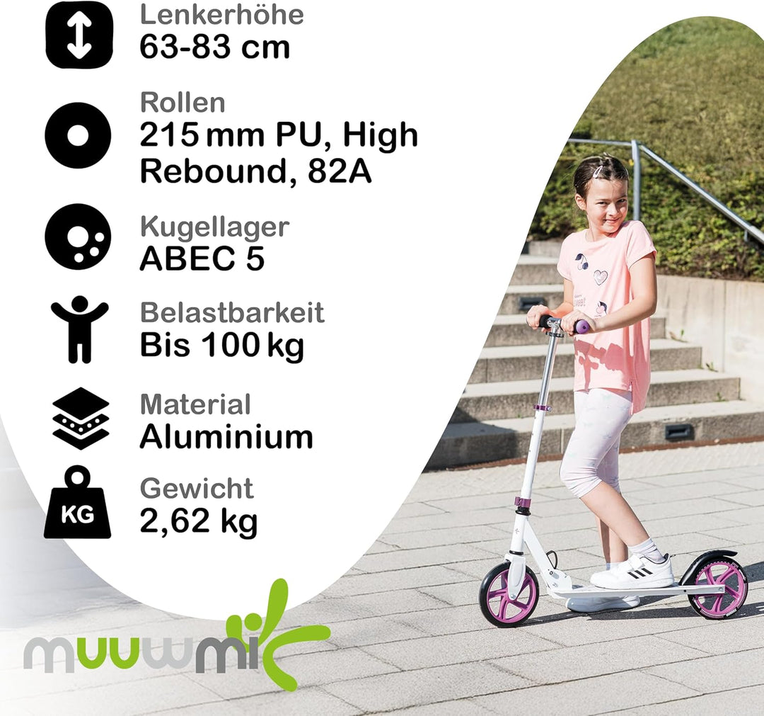 muuwmi Aluminium Scooter – Tretroller, 125 mm, ABEC 5, GS geprüft, höhenverstellbar grün/schwarz, gr