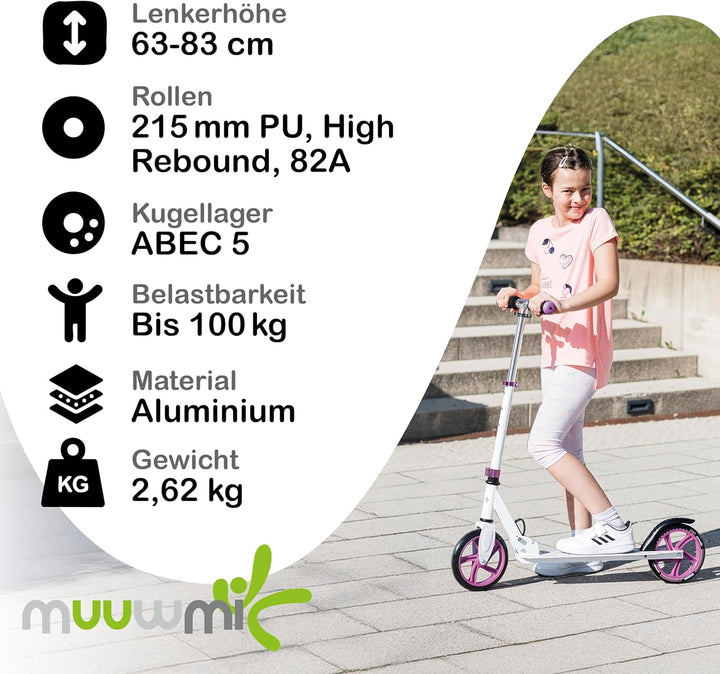 muuwmi Aluminium Scooter – Tretroller, 125 mm, ABEC 5, GS geprüft, höhenverstellbar grün/schwarz, gr