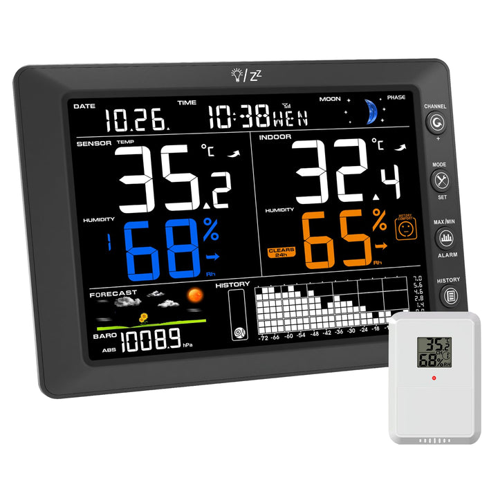 Urageuxy Wetterstation Funk mit Aussensensor, 8,3 Zoll VA-Farbdisplay, DCF Funkuhr, Wettervorhersage