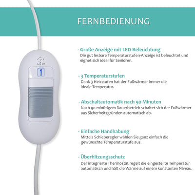 Commodoor FW-001A Fusswärmer - Elektrische Fussheizung mit 3 Heizstufen und Abschaltautomatik, wasch