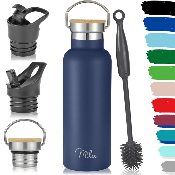 Milu Edelstahl Trinkflasche 350ml 500ml 750ml 1000ml (+3 Deckel) Thermosflasche mit Strohhalm, Isoli