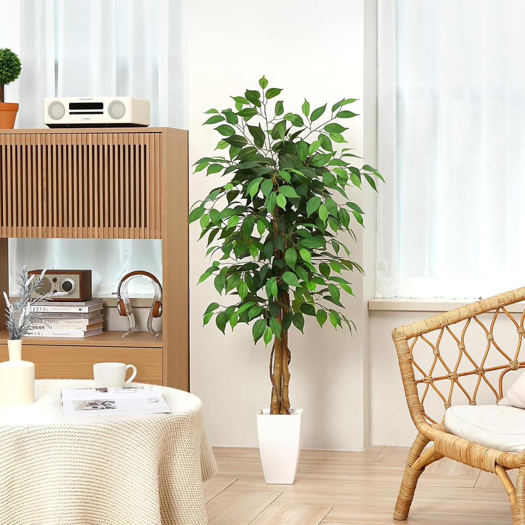 Kazeila Künstliche Pflanzen Gross 120cm Ficus Kunstpflanze mit Weiss Topf Fake Plastikpflanzen für H