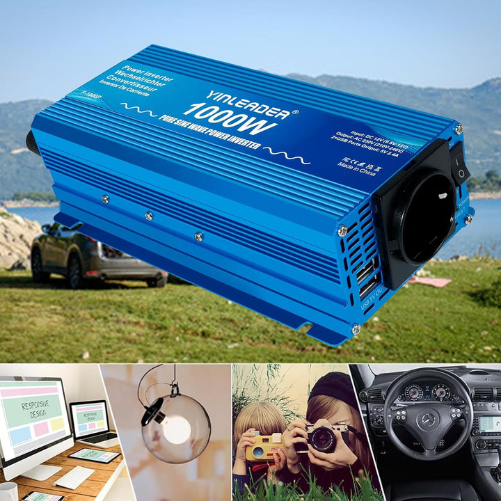 Yinleader Wechselrichter 1000W /2000W 12V 230V Reiner Sinus Spannungswandler mit 1 Steckdose 2 USB A