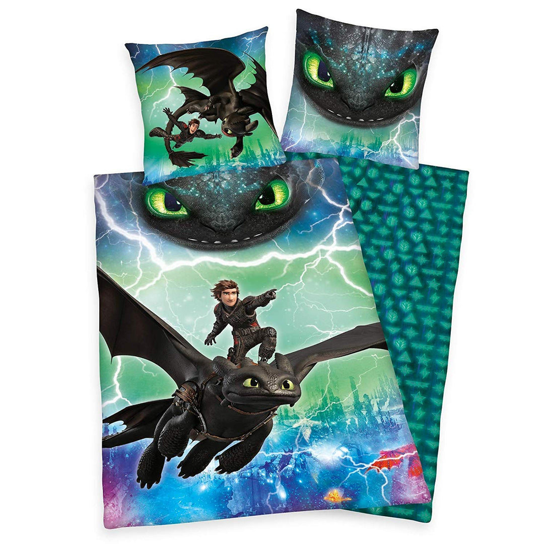 Herding DREAMWORKS DRAGONS Bettwäsche-Set, Wendemotiv, Bettbezug 135 x 200 cm, Kopfkissenbezug 80 x