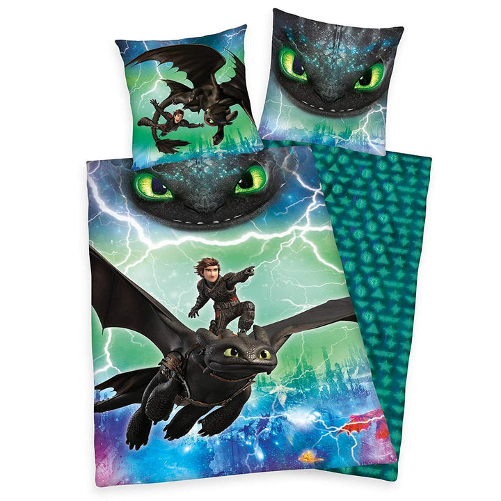 Herding DREAMWORKS DRAGONS Bettwäsche-Set, Wendemotiv, Bettbezug 135 x 200 cm, Kopfkissenbezug 80 x