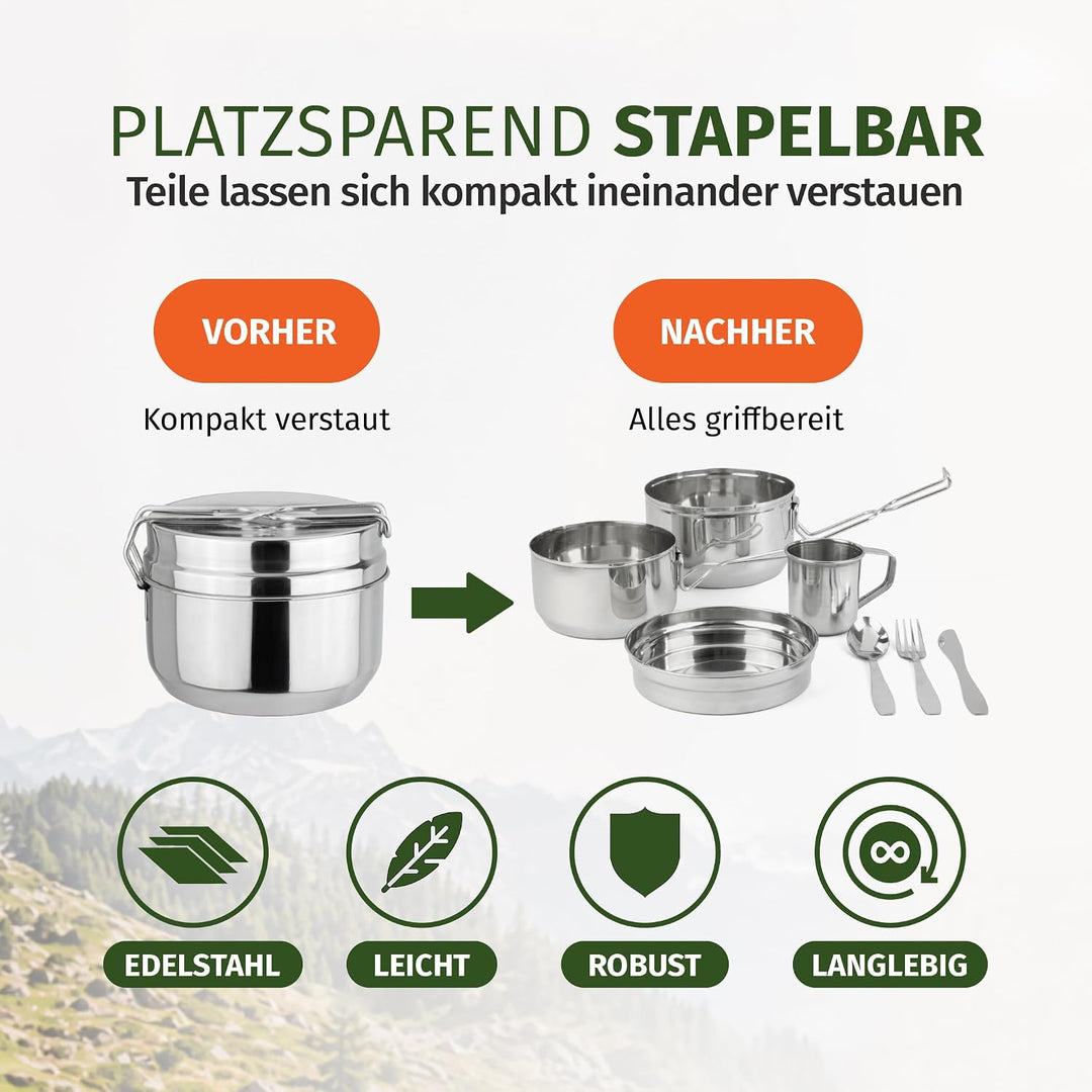 Moritz Camping Kochgeschirr Set 7-teilig Edelstahl - Topf Becher Besteck | Für 1-2 Personen, stapelb