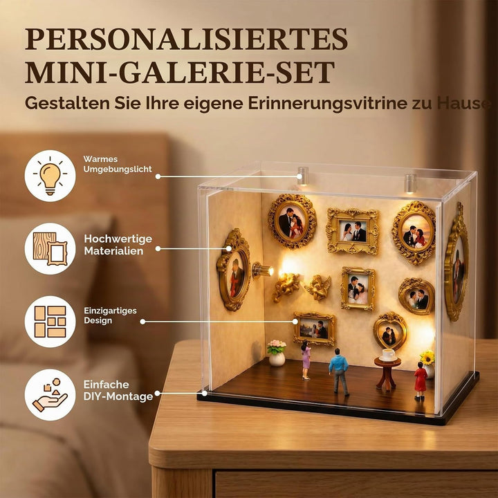 Mini Museum Bilderrahmen, 9 Stück Holz Schattenbilderrahmen Set mit 3 Miniaturfiguren und 4 LED Bele