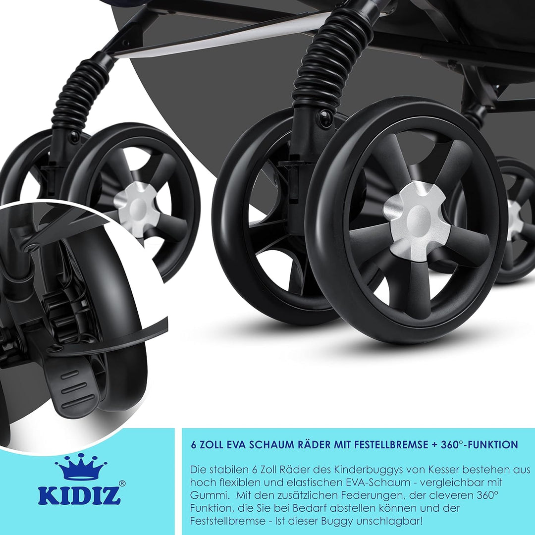 KIDIZ® Kinderwagen City-Pro Buggy Kinderbuggy klappbar Liegebuggy Sportwagen Faltbar 360° 6-Zoll-Räd
