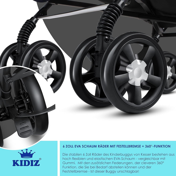 KIDIZ® Kinderwagen City-Pro Buggy Kinderbuggy klappbar Liegebuggy Sportwagen Faltbar 360° 6-Zoll-Räd