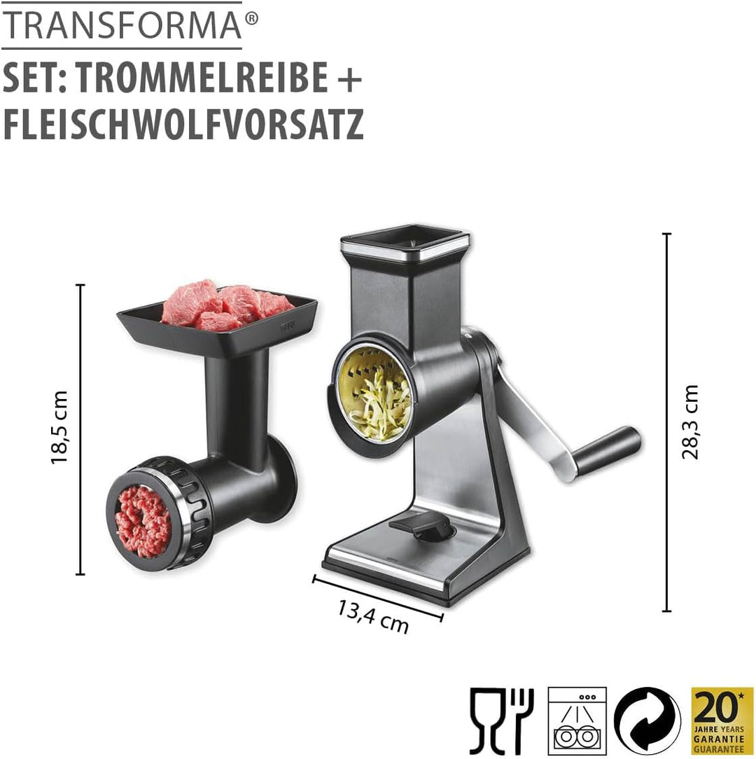 GEFU Set Trommelreibe & Fleischwolfvorsatz TRANSFORMA – Multifunktional mit Laser Cut Trommeln, Wurs
