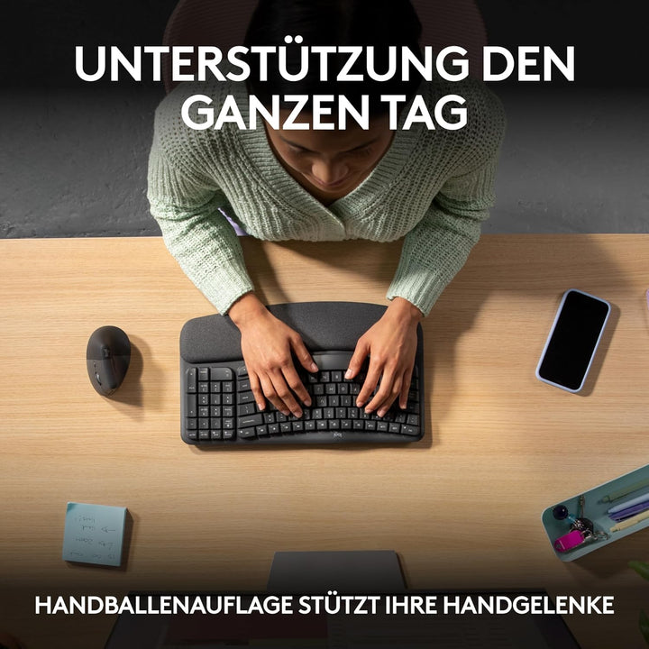 Logitech Wave Keys kabellose ergonomische Tastatur, gepolsterte Handballenauflage, komfortables natü