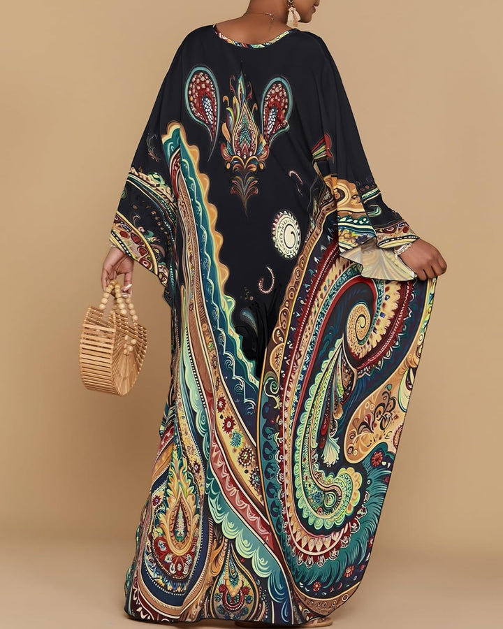 Bsubseach Damen Strandkleid Ethnic Print Kaftan Beach Maxi Kleider A-Schwarz, A-Schwarz