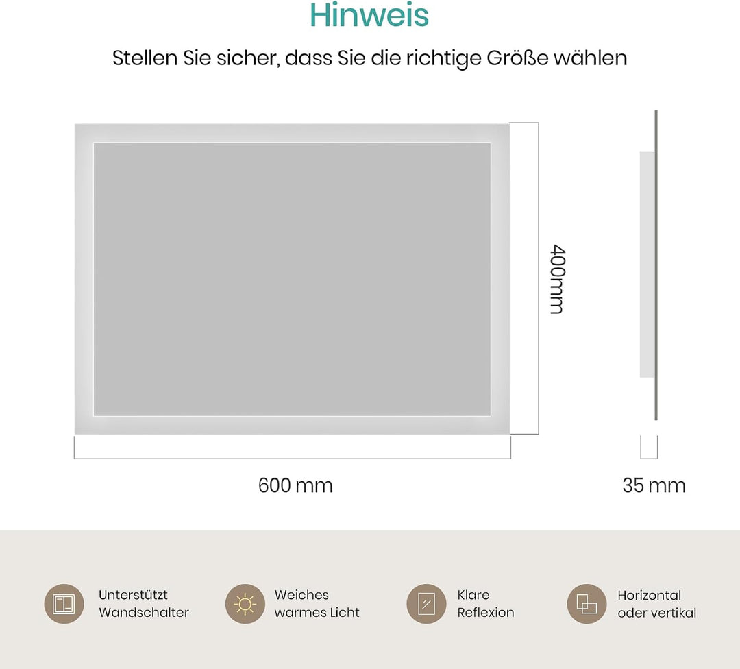 EMKE Badspiegel mit Beleuchtung 40x60cm, Badezimmerspiegel mit Warmweiss Licht 3000K, Wandschalter,