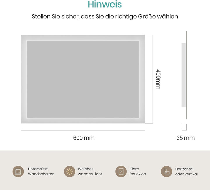 EMKE Badspiegel mit Beleuchtung 40x60cm, Badezimmerspiegel mit Warmweiss Licht 3000K, Wandschalter,