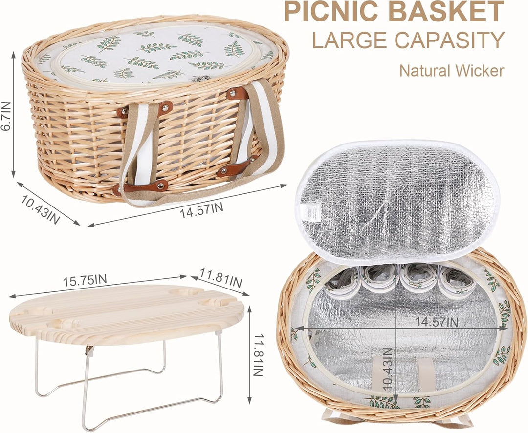 Picknickkorb-Set für 4 Personen – Isolierter Weidenkorb mit klappbarem Weintisch, Picknickset mit In