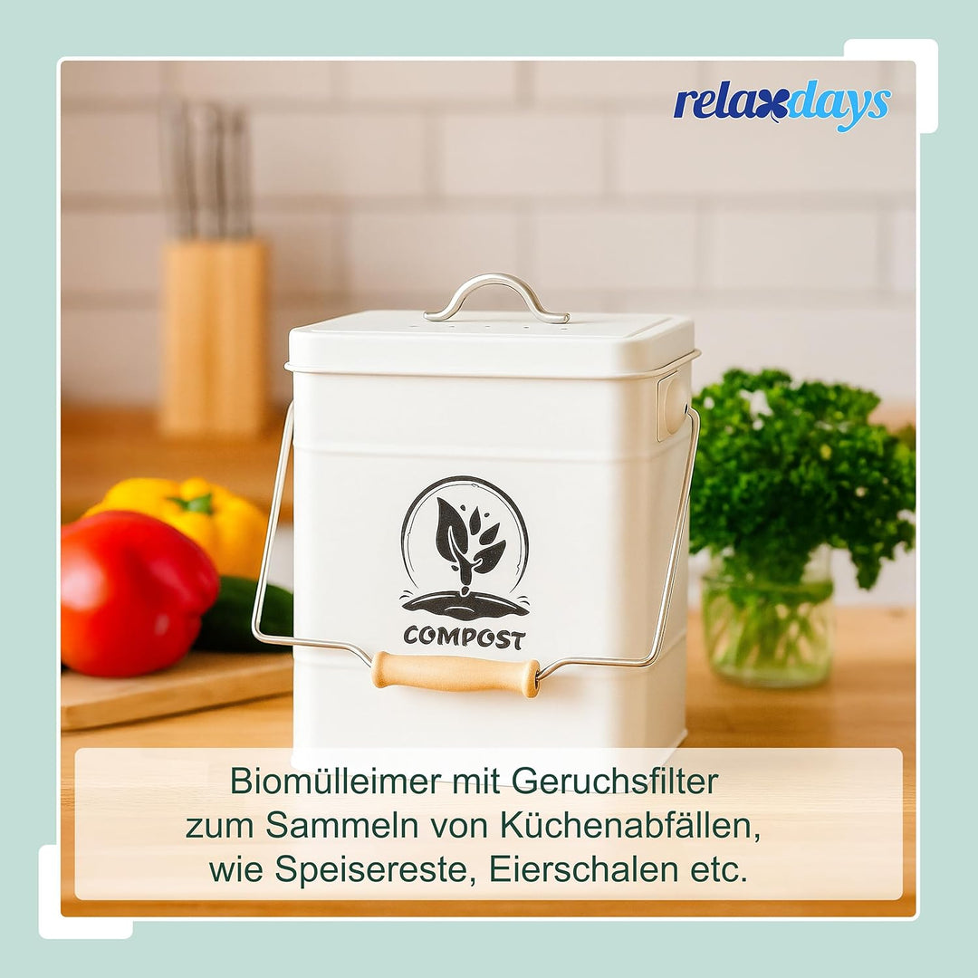 Relaxdays Komposteimer Küche, 6 l, Kleiner Mülleimer, Deckel und Geruchsfilter, Metall, Abfalleimer