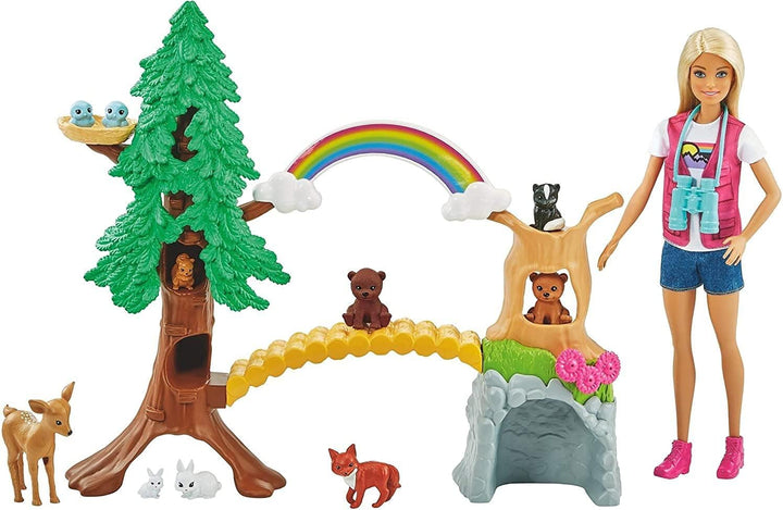 Barbie GTN60 - Waldtier-Forscherin Spielset mit blonder Barbie-Puppe und 10 Tierfiguren, Spielzeug a