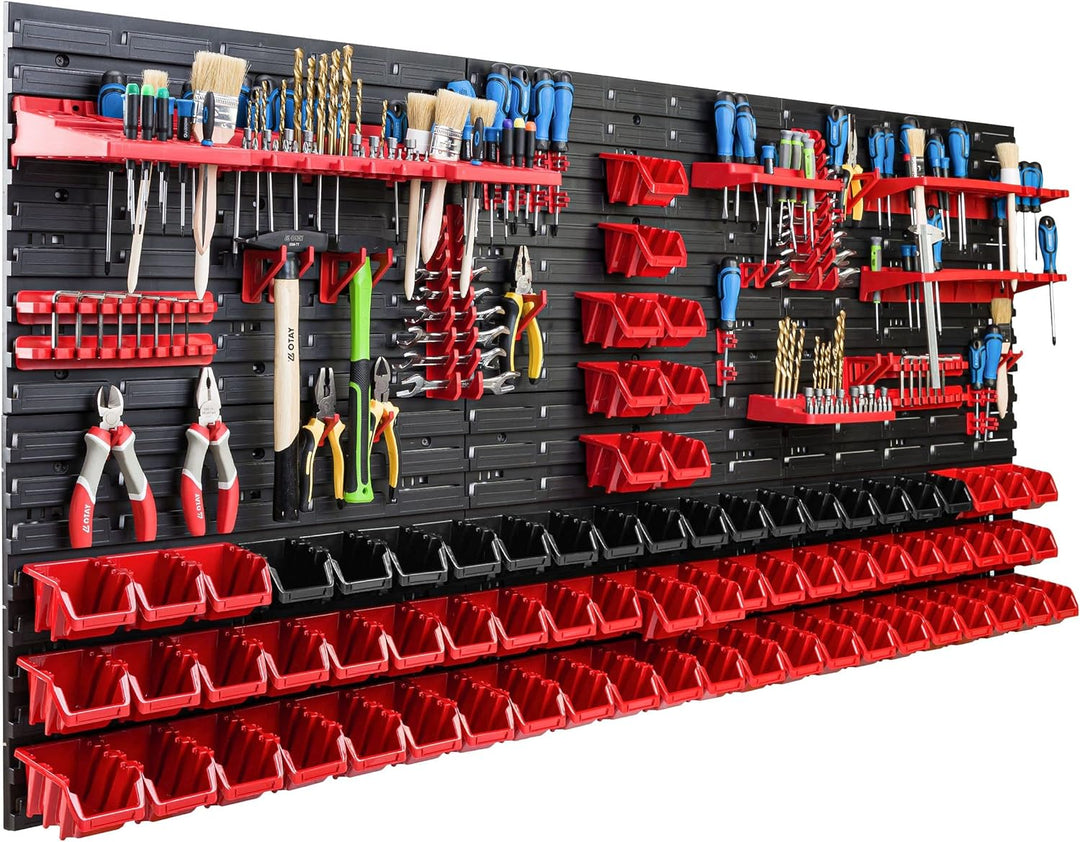 Lagersystem Werkstattregal | 172 x 78 cm | 72 stck. Box | Wandregal mit Werkzeughalterungen und Stap