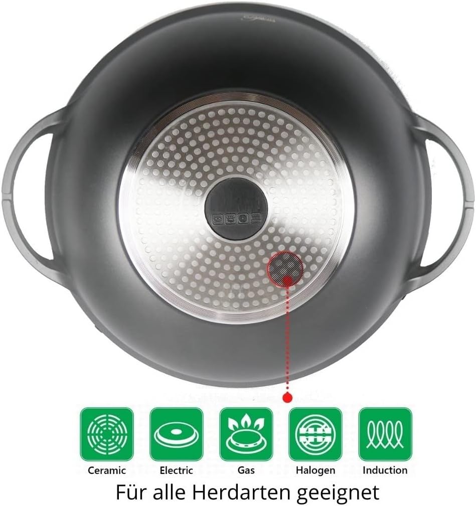 Cheffinger Wok Wokpfanne Woktopf Silikongriffe Induktion 36cm Aluguss Deckel