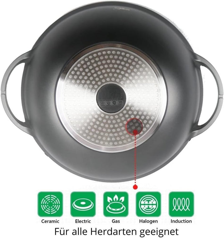 Cheffinger Wok Wokpfanne Woktopf Silikongriffe Induktion 36cm Aluguss Deckel